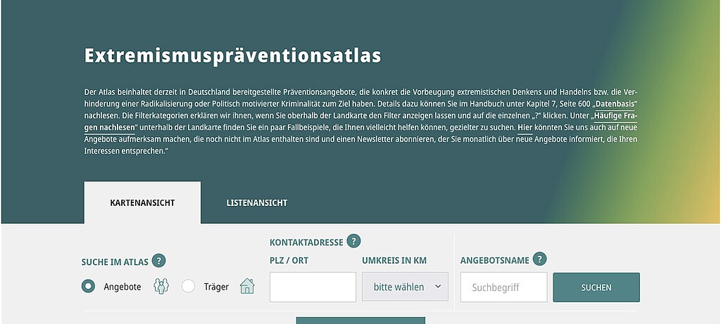 Im Extremismuspräventionsatlas des BKA kann man online nach Projekten recherchieren